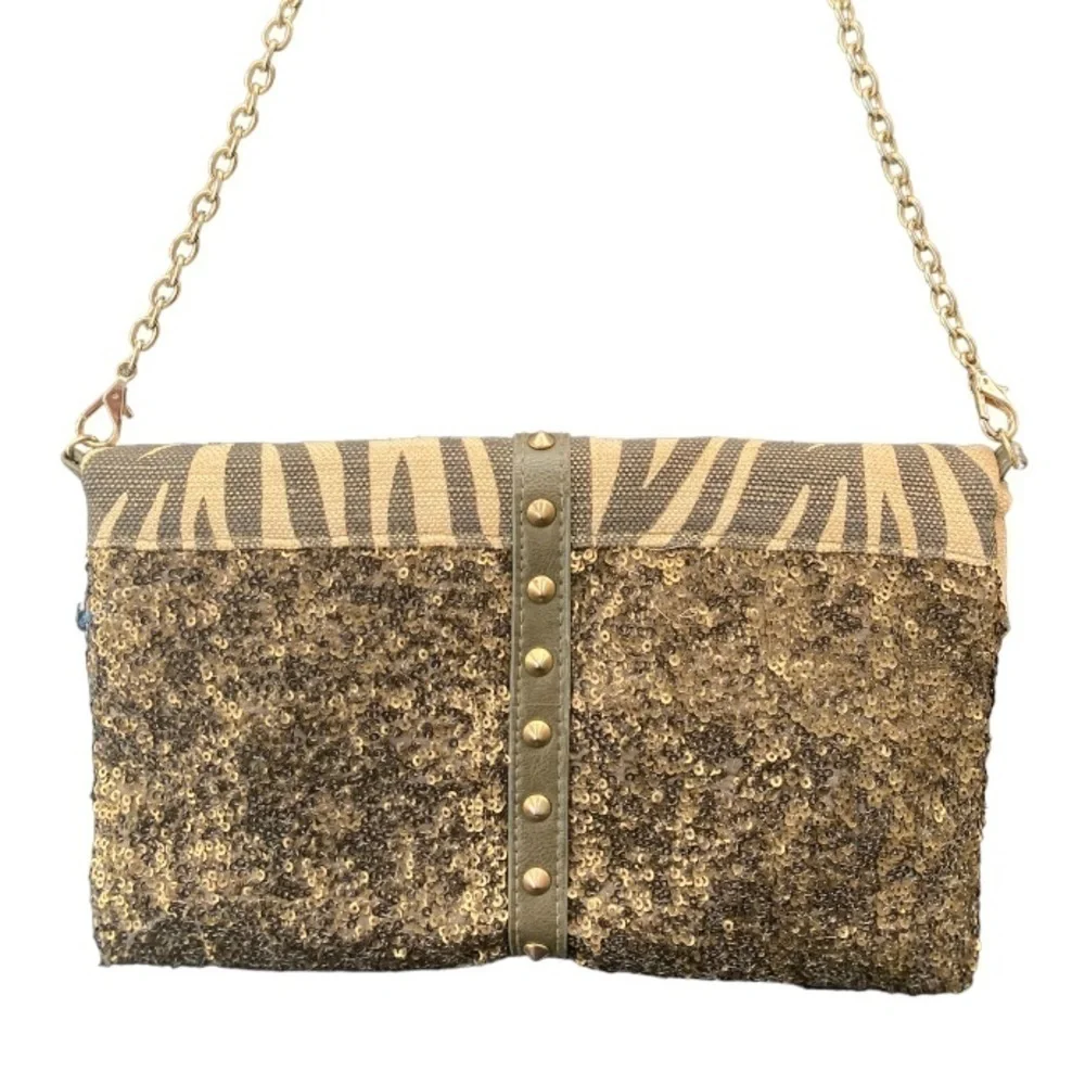 Pinko Shoulder Bag Clutch Animal Print and Sequins with Goldtone Chain